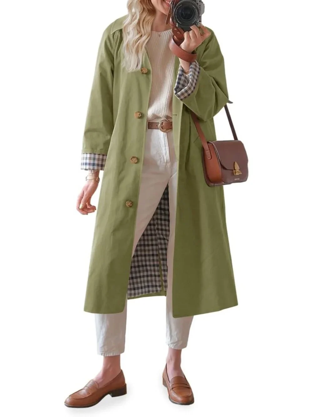 Women's Green Long Sleeve Oversized Single Breasted Windproof Winter Trench Coat